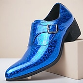 baratos Sapatos de monge-Mocassins masculinos azuis de verniz com fivela - calçado formal elegante para eventos especiais e trajes de noite.