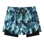 זול שחיית טרנקים ומכנסי לוח-בגדי ריקוד גברים מכנסי גלישה מכנסי שורט בגדי ים מכנסי שחייה אחיד הדפס 2 ב 1 עם תוחם דחיסה ייבוש מהיר בגדי ים תחתיות גלישה שייט בקאנו שנרקול קיץ