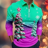 billiga Julgransoutfit-Jul Herr Julgran Polo Långärmad Polotröjor Kavajslag Ledigt Helgdag Dagliga kläder Festivalkläder 3D-utskrift Quarter Zip Polo Vår Höst Vinter Blå Sjöblå Rubinrött
