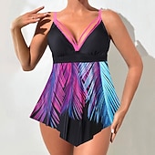 baratos Tankinis-Mulheres Roupa de Banho 2 partes Slip roupa de banho Frente Única Férias Roupa de Praia Floral Decote V Sem Manga Fatos de banho