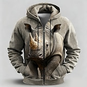 abordables Imprimé animalier-Homme Chouette Rhinocéron Sweat à capuche Veste Sweatshirt Fantaisie Imprimé sur toute la surface manche longue Fermeture éclair Vêtements de rue Vacances Sortir Marron Gris Fermeture éclair Automne
