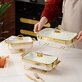 رخيصةأون طقم مطبخ-3 قطع طبق تقديم سيراميك مستطيل كامل الحجم مع غطاء زجاجي، صينية تدفئة الطعام لحفلات الزفاف والمآدب والحفلات