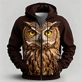 abordables Imprimé animalier-Homme Chouette Rhinocéron Sweat à capuche Veste Sweatshirt Fantaisie Imprimé sur toute la surface manche longue Fermeture éclair Vêtements de rue Vacances Sortir Marron Gris Fermeture éclair Automne