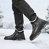 baratos Inverno e botas de neve-Botas masculinas pretas impermeáveis e sem cadarço – isolamento térmico com pele sintética macia, perfeitas para uso no inverno e passeios casuais