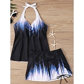 tanie Tankini-Kostium kąpielowy dwuczęściowy tankini dla kobiet spódnica kontrola brzucha wysoki stan wąski bez pleców wakacyjny strój na plażę ombre halter bez rękawów
