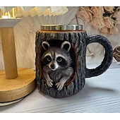 Недорогие Кружки и чашки-Кружка ручной работы с изображением енота, кофейная чашка из смолы с 3D-животным, креативная кружка с дизайном пня из лесного дерева, подарочная чашка с милым лесным енотом для домашнего офиса,