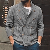 voordelige heren vest trui-Voor heren Kabelgebreide trui Trui Vest Trui Kabel breien Normale tops Dichtknopen Gebreid Effen Opstaand Vakantie Modieus Casual Alledaagse kleding Kleding Lente &amp; Herfst Herfst winter Zwart Paars M