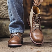 abordables Bottes de randonnée-Bottes de randonnée pour hommes en similicuir marron et toile - modèle à lacets résistant et confortable avec semelle robuste, idéales pour les activités de plein air, la randonnée et les excursions d&#039;une journée.