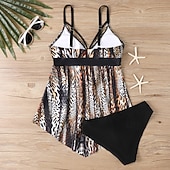 baratos Tankinis-Mulheres Roupa de Banho 2 partes Slip roupa de banho Frente Única Férias Roupa de Praia Floral Decote V Sem Manga Fatos de banho