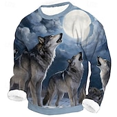 billige Dyretrykk-Herre Ulv 3D-utskrift Fleece Genser Daglig Fritid Fantasi Crew-hals Hjem Fest Gave Gateklær Blå 1 blå 2# Brun 3D-utskrift Høst Vinter Designer S M L XL XXL XXXL