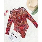 Χαμηλού Κόστους Rash Guards One Pieces-Γυναικεία Προστατευτικά Μαγιό Ολόσωμα μαγιό Γραφική Μπόχο Δίχτυ Προστασία UV Αναπνέει Μακρυμάνικο Μαγιό Σέρφινγκ Παραλία Διακοπές Άνοιξη