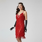 baratos Vestidos dos anos 1920-Conjunto Loucos anos 20 Anos 20 Mini Vestido melindroso Roupa Festa a Fantasia com acessórios Sem Mangas O Grande Gatsby Convidado do casamento Franjas Côr Sólida Franjas Decote V Fantasia Mulheres