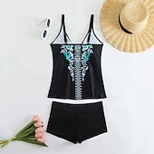 Недорогие Танкини-Жен. Купальники 2 шт. Шорты купальник Открытая спина Отпуск Одежда для пляжа Цветочный принт Графика V-образный вырез Без рукавов Купальники