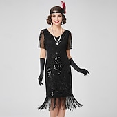 halpa 1920-luvun mekot-Setti Möly 20s 1920-luku Polvipituinen Mekko Asut Tarvikesarja lisävarusteiden kanssa Lyhyet hihat Suuri Gatsby Häävieras Paljetti Tupsu Paljetti Tupsu V kaula-aukko Naamiaispuku Naisten Karnevaali