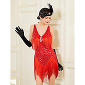 billiga 1920-talets klänningar-Set Roaring 20s 1920s Mini Dress Flapper Dress Outfits with Accessories Sleeveless The Great Gatsby Charleston Sequins Tassel Fringe Feather Deep V Fancy Dress Women's Carnival New Year Masquerade
