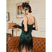 billiga 1920-talets klänningar-Set Roaring 20s 1920s Mini Dress Flapper Dress Outfits with Accessories Sleeveless The Great Gatsby Charleston Sequins Tassel Fringe Feather Deep V Fancy Dress Women's Carnival New Year Masquerade