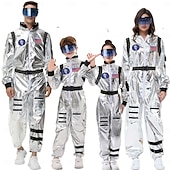  カップル用宇宙飛行士コスチューム ジャンプスーツ カーニバルコスチューム ワンジー マスク付き グループコスチューム 男性用 女性用 シルバー 宇宙服 刺繍パッチ付き