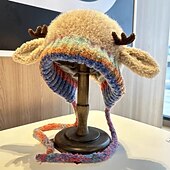 billige oppvarming og kjøling-heklet vinterlue med fleecefor og reinsdyrgevir for dame &amp;ører, myk varm skilue, fargerik flerfarget reinsdyrlue, myk fleeceforet heklet lue for barn og voksne, morsomt ferietilbehør