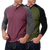 preiswerte Lässiges Henley-T-Shirt-2-teiliges Henley-Shirt für Herren, Baseball-T-Shirt, Kurzarm, Farbblock-Design, Basic, Boho-Stil, Raglanärmel, für Outdoor, Freizeit, Alltag, Sommer, Herbst, alle Jahreszeiten, schwarzes