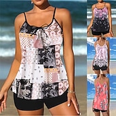 billiga Tankinis-Kvinnors tankini 2-delad baddräkt Boho shorts mage kontroll hög midja smal rygglös semester strandkläder paisley U-hals ärmlösa baddräkter