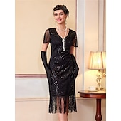 cheap 1920s Dresses-Roaring 20s 1920s Knee Length Flapper Dress Short Sleeves The Great Gatsby Sequins Fringe V Neck Fancy Dress Women's Christmas Carnival speakeasy Masquerade Retro Theme Party Adults' Dress