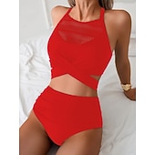 お買い得  ビキニセット-女性用ビキニ2ピース水着 セクシーカットアウト チーキー スマート コントロール ハイウエスト スリム バカンス ビーチウェア ソリッドカラー Vネック ノースリーブ水着
