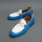 billiga Loafers-Herrloafers i vitt och blått i lack med metallspänne – trendiga skor för semiformella sammankomster och fester