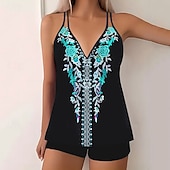 Недорогие Танкини-Жен. Купальники 2 шт. Шорты купальник Открытая спина Отпуск Одежда для пляжа Цветочный принт Графика V-образный вырез Без рукавов Купальники