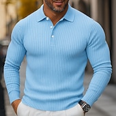 cheap Men's Classic Polo-Men's Rib Knit Top Textured Street Casual Lapel Long Sleeve Basic Modern Plain Buttons Spring Fall All Seasons Slim Fit Blue White Navy Blue Gray Rib Knit Top