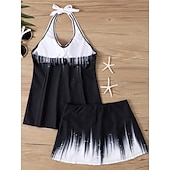 tanie Tankini-Kostium kąpielowy dwuczęściowy tankini dla kobiet spódnica kontrola brzucha wysoki stan wąski bez pleców wakacyjny strój na plażę ombre halter bez rękawów