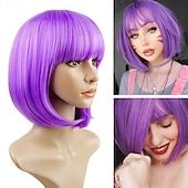 cheap Carnival Wigs-Purple Bob Wig With Bangs 12 Inch Short Synthetic Fiber Bob Wigs for Women Short Bob Wigs and Halloween Cosplay Wig for Daily Life Colorful Wigs With for Carnival Festival Party