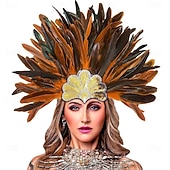 voordelige Accessoires-Carnaval 2026 Rio Carnaval Samba Accessoires Bruin Oranje Veer Hoofdband voor Dames - Gouden Pailletten Showgirl Hoofddeksel - Mardi Gras Accessoire Brazilië Festival Prestatie Kostuum