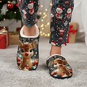 baratos Sapatos de Natal Femininos-Pantufas femininas de Natal com estampa de rena - pantufas macias de pelúcia para uso interno no inverno, com um adorável desenho de rena, calçado quente de lã para a temporada de festas e ótimos