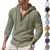 cheap Men's Popover Shirts-Men's Shirt Popover Shirt Summer Shirt Casual Shirt Beach Shirt Black White Yellow Navy Blue khaki Long Sleeve Solid Color Hooded Vacation Casual Drawstring Clothing Apparel Fashion Casual Comfortable