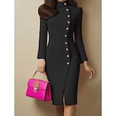 baratos Vestidos de Formatura-Mulheres Minivestido Vestido da bainha Vestido Bodycon Vestidos Semi-Formais Escritório Normal Tecido Manga Longa Gola Alta Preto Branco Primavera Outono