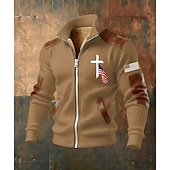 olcso Férfi 3D pulóverek-Férfi Teljes cipzáros kapucnis Gyapjú kabát Gyapjú pulóver Fekete Fehér Katonai zöld Sötétkék Barna Álló gallér Križ Amerikai zászló Zseb Műbőr kiegészítők Sport &amp; Szabadtéri Hétköznapi Napi