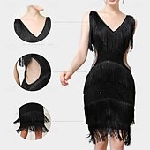 baratos Vestidos dos anos 1920-Roaring 20s 1920s Knee Length Flapper Dress Sleeveless The Great Gatsby Flapper Girl Sequins Fringe V Neck Fancy Dress Women's Christmas Carnival speakeasy Masquerade Retro Theme Party Adults Dress