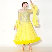 economico Abbigliamento da Competizione-Abito da ballo da sala da donna elegante giallo con corpetto decorato con strass, spalle scoperte, abito da competizione per valzer, tango, rumba moderna