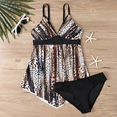 baratos Tankinis-Mulheres Roupa de Banho 2 partes Slip roupa de banho Frente Única Férias Roupa de Praia Floral Decote V Sem Manga Fatos de banho