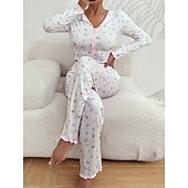 preiswerte Damen Schlafoberteile und -unterteile-Damen Schlafanzug Set Lässig Komfort Blumen Elastischer Bund Hose Heim Täglich Langarm V Ausschnitt Blau Schwarz Weiß Rosa Frühling Herbst Normale Passform
