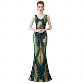 cheap 1920s Dresses-Roaring 20s 1920s Floor Length Dress Evening Dress Party Costume Sleeveless The Great Gatsby Sequin V Neck Fancy Dress Women's Christmas New Year Evening Party Party Wedding Adults Dress