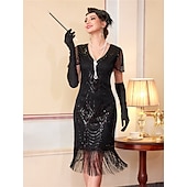 cheap 1920s Dresses-Roaring 20s 1920s Knee Length Flapper Dress Short Sleeves The Great Gatsby Sequins Fringe V Neck Fancy Dress Women's Christmas Carnival speakeasy Masquerade Retro Theme Party Adults' Dress