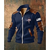 baratos Moletons 3D masculinos-Homens Full Zip Hoodie Casaco de lã Moletom de lã Preto Branco Verde Tropa Azul Marinha Marron Colarinho Clerical Cruz Bandeira americana Fé Bolsos Detalhes em couro sintético Desportos e Ar livre