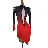 abordables robe de compétition-Robe de danse latine à franges, cristaux et strass, robe de compétition salsa à manches longues pour femme, idéale pour l'entraînement et la performance.