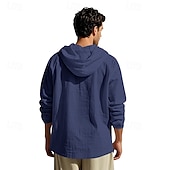 cheap Men's Popover Shirts-Men's Shirt Popover Shirt Summer Shirt Casual Shirt Beach Shirt Black White Yellow Navy Blue khaki Long Sleeve Solid Color Hooded Vacation Casual Drawstring Clothing Apparel Fashion Casual Comfortable