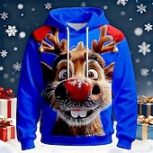 billige Juledyreantrekk-Jul Herre Elgjul Hattetrøje Genser Mote Daglig Fritid Crew-hals Med hette Hjem Fest Gave Sjø blå Kongeblå Grønn Snorer Høst Vinter Designer S M L XL XXL XXXL