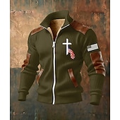 olcso Férfi 3D pulóverek-Férfi Teljes cipzáros kapucnis Gyapjú kabát Gyapjú pulóver Fekete Fehér Katonai zöld Sötétkék Barna Álló gallér Križ Amerikai zászló Zseb Műbőr kiegészítők Sport &amp; Szabadtéri Hétköznapi Napi