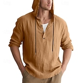 cheap Men's Popover Shirts-Men's Shirt Popover Shirt Summer Shirt Casual Shirt Beach Shirt Black White Yellow Navy Blue khaki Long Sleeve Solid Color Hooded Vacation Casual Drawstring Clothing Apparel Fashion Casual Comfortable