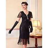 cheap 1920s Dresses-Roaring 20s 1920s Knee Length Flapper Dress Short Sleeves The Great Gatsby Sequins Fringe V Neck Fancy Dress Women's Christmas Carnival speakeasy Masquerade Retro Theme Party Adults' Dress