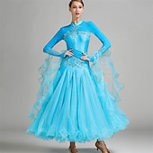 Недорогие Стандартный бальный зал-Женское элегантное платье для бальных танцев бирюзового цвета, украшенное стразами, с высоким воротником, для вальса, танго, румбы, современного танца, для выступлений на соревнованиях